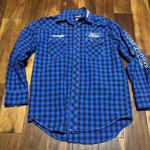 Wrangler Western Shirt Mens M Blue Plaid Ford Logo Pearl Snap Rodeo Cowboy